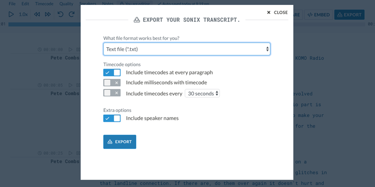 Step 6: Download a text version of your AIFF file by clicking Export and selecting 'Text file (.txt).'