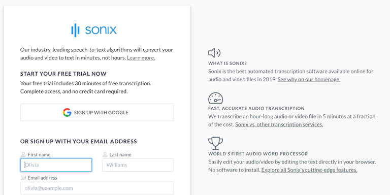1. Adım: MOV dosyanızı docx'e dönüştürmeye başlamak için ücretsiz bir Sonix hesabı oluşturun