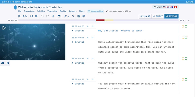 Screenshot of the Sonix in-browser editor