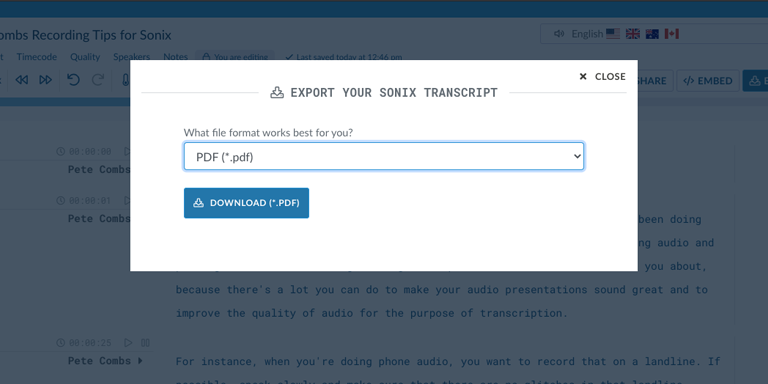 Step 6: Download a PDF version of your MP3 file by clicking Export and selecting 'PDF (.pdf).'