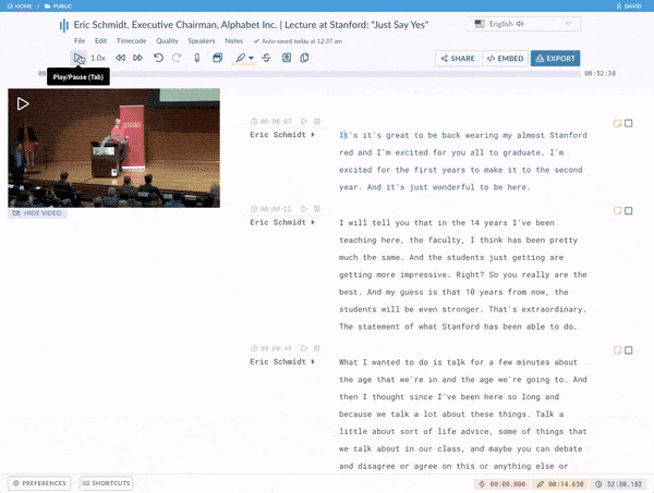 Animação Sonix: Gravação da palestra de Eric Schmidt na Universidade de Stanford — transcrita por Sonix