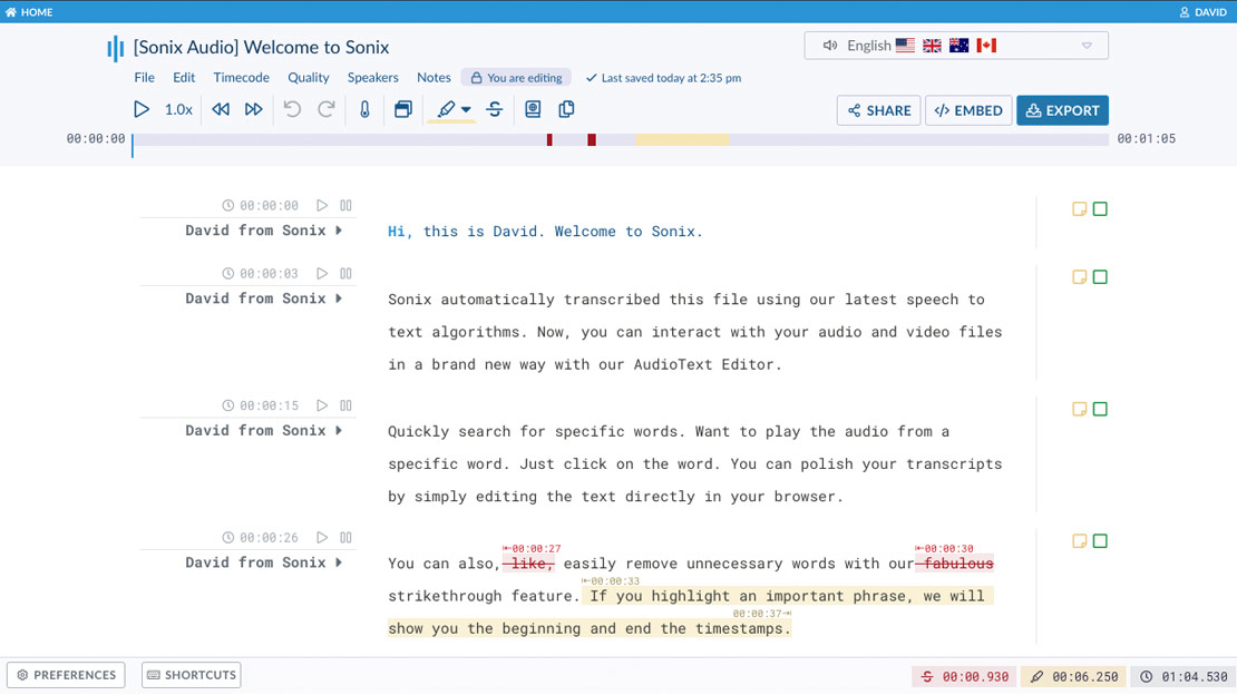 Fluxo de trabalho de transcrição Sonix