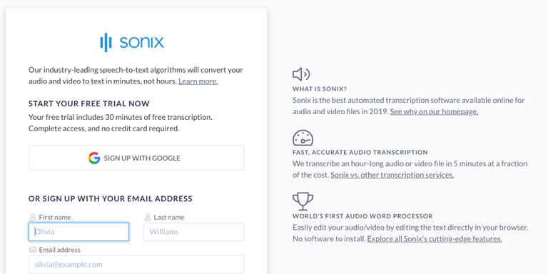 Step 1: Create a free Sonix account to start converting your MP3 file to srt