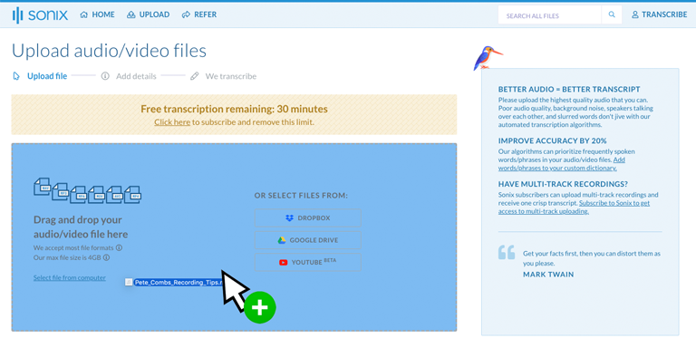 Paso 2: Sube tus archivos MP3 desde tu ordenador, Google Drive, Dropbox o arrastrándolos a la página.