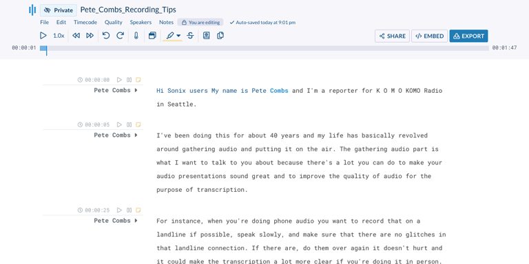 Step 5: Once your MP3 is converted to text, you might need to polish up the DOCX transcript. Now, you can easily do that with the Sonix AudioText Editor.