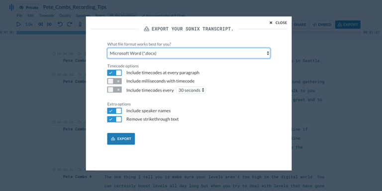 Étape 6: Téléchargez une version DOCX de votre fichier MP3 en cliquant sur Exporter et en sélectionnant 'Microsoft Word (.docx) '.