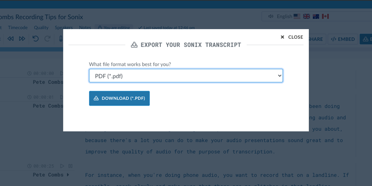 Step 6: Download a PDF version of your M2V file by clicking Export and selecting 'PDF (.pdf).'