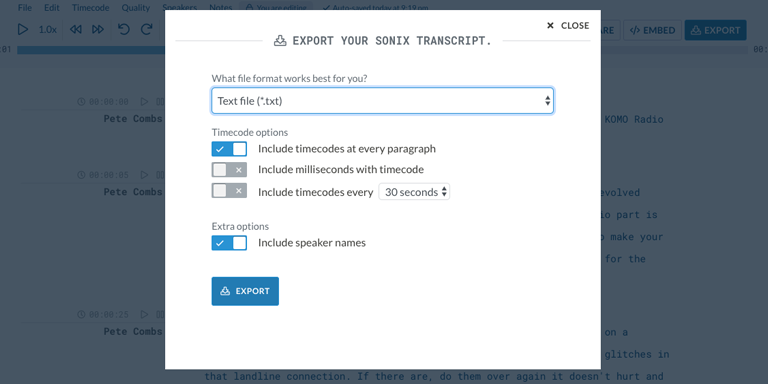 Step 6: Download a text version of your MP3 file by clicking Export and selecting 'Text file (.txt).'