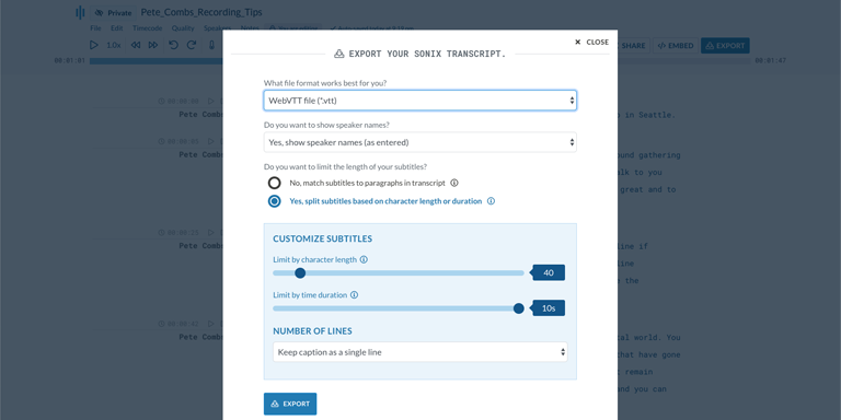 Stap 5: Bewerk uw voorlopige VTT-transcript in uw browser met de AudioText Editor van Sonix. Stap 5: Zodra uw MK3D naar tekst is geconverteerd, moet u wellicht het voorlopige VTT-transcript oppoetsen. Nu kunt u dat eenvoudig in uw browser doen met de Sonix AudioText Editor.