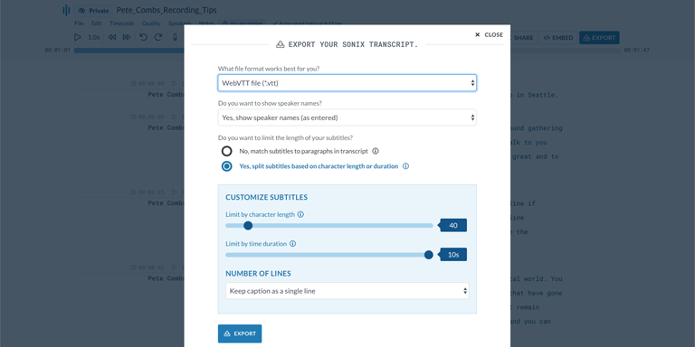 Step 5: Once your RM is converted to text, you might need to polish up the preliminary VTT transcript. Now, you can easily do that right in your browser with the Sonix AudioText Editor.