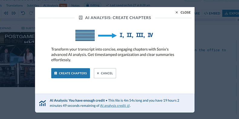 Les outils d'analyse de l'IA de Sonix vous fourniront rapidement des titres de chapitre pour vos fichiers audio et vidéo afin que vous puissiez rapidement référencer les moments clés de votre transcription