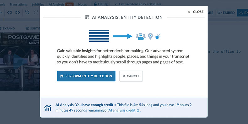 De AI-analysetools van Sonix identificeren alle mensen, plaatsen en dingen die in uw audio-/videobestand zijn besproken en geven u alle relevante tijdstempels