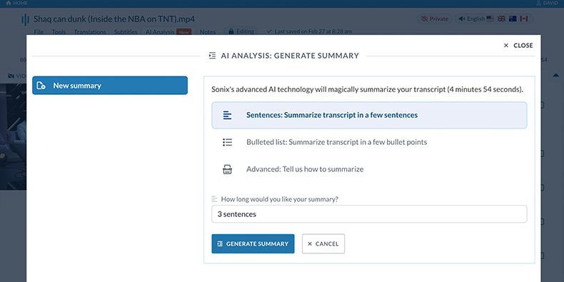 O Sonix resume automaticamente suas transcrições usando os principais algoritmos de processamento de linguagem natural.