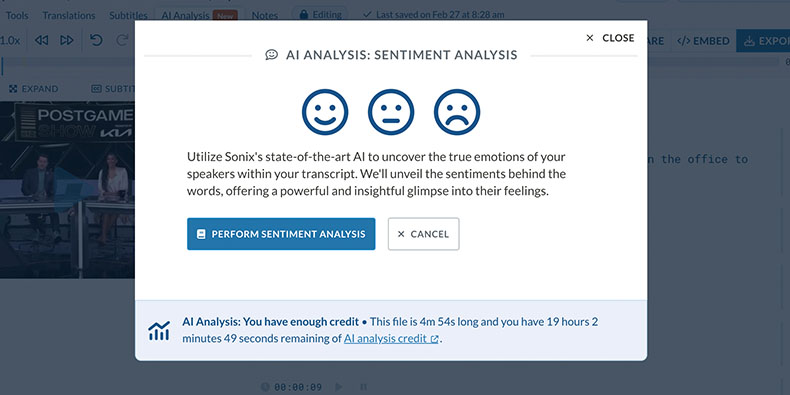 Sonix's AI Analysis tools will evaluate the sentiment of what was said in your audio/video files