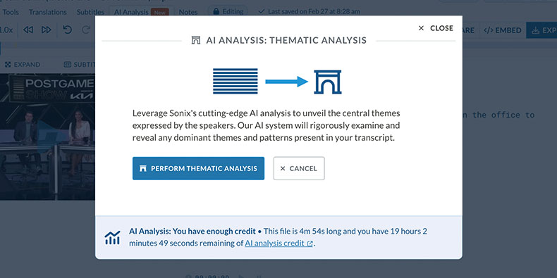 Sonixs AI-analyseværktøjer identificerer alle temaer, emner og mønstre i dit transkript.