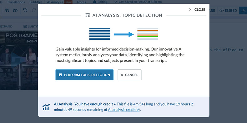 SonixのAI分析ツールは、トピックを特定し、各トピックを要約し、議論されたときのタイムスタンプを表示します