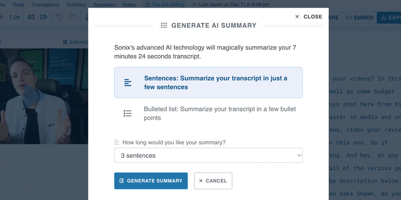 Resumos poderosos de suas transcrições gerados por IA