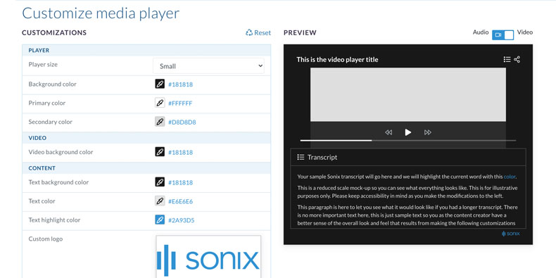 Passen Sie das einbettbare Sonix Transkript an Ihre Marke an