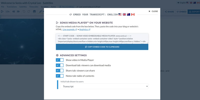 インタラクティブなSonixトランスクリプトをウェブサイトに埋め込む