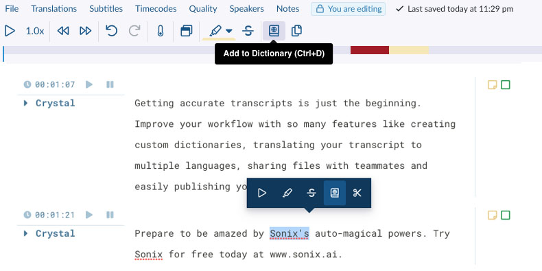 Add highlighted text to your Sonix Custom Dictionary