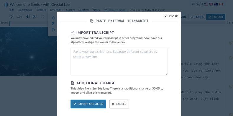 Vorhandenes Transkript modal