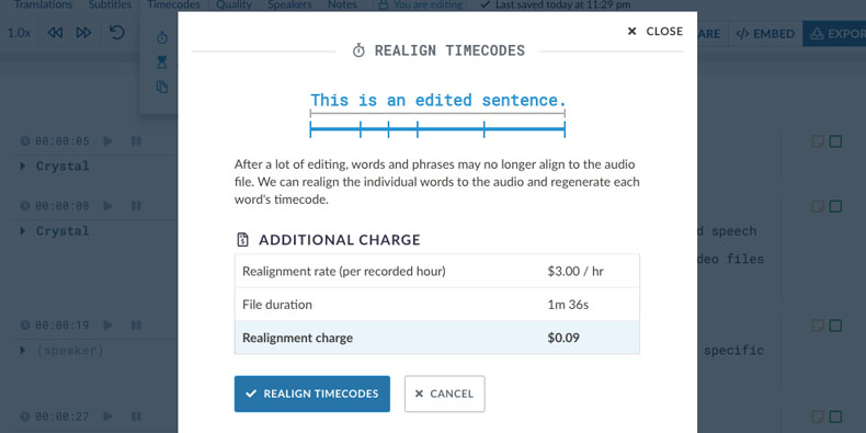 Realign timecodes within your transcript