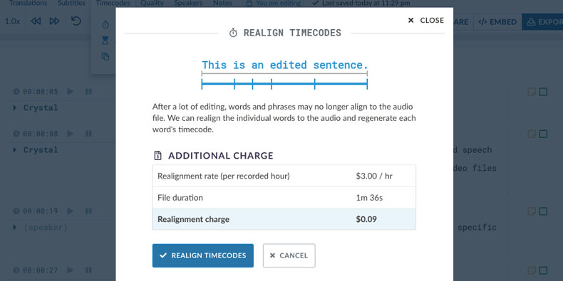 Realinhar códigos de tempo dentro de sua transcrição