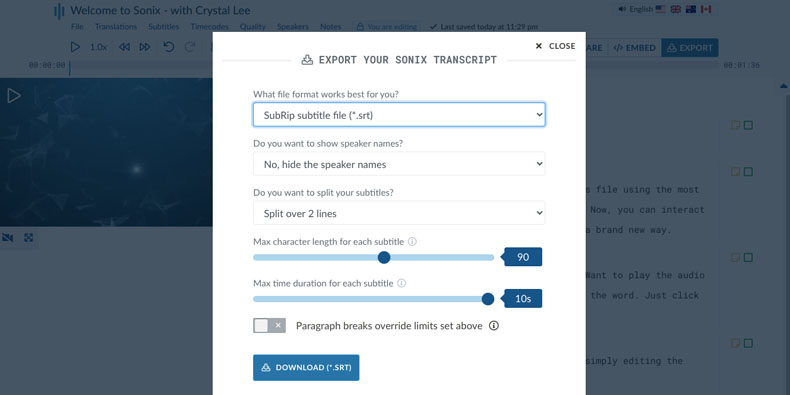 Untertitel Export modal in Sonix: SRT & VTT