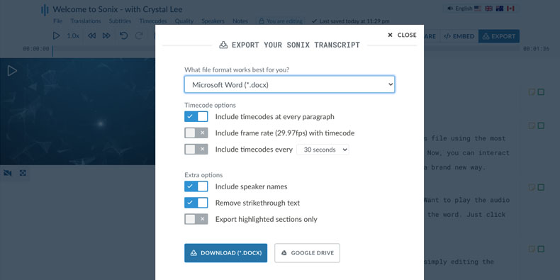 Modal de exportación de texto en Sonix (DOCX, TXT, PDF)