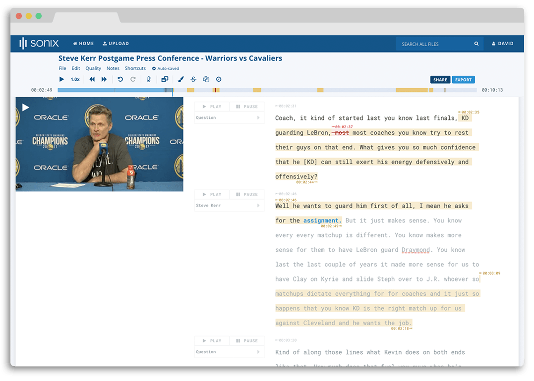 Sonix Automatisierte Transkription. Beispiel-Screenshot: Eine Pressekonferenz wird transkribiert (Steve Kerr, Cheftrainer der Golden State Warriors)