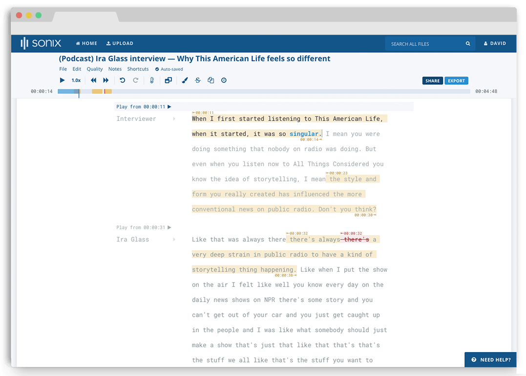 Пример скриншота Sonix: подкастер, транскрибирующий текст