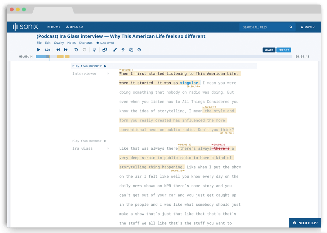 Sonix example screenshot: a podcaster transcribing text