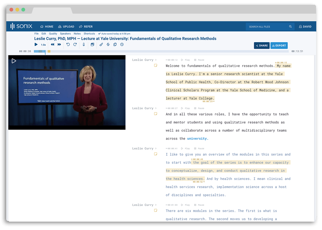 Voorbeeld screenshot van Sonix Research Transcript: Leslie Curry, PhD, MPH lezing over kwalitatief onderzoek aan de Universiteit van Yale