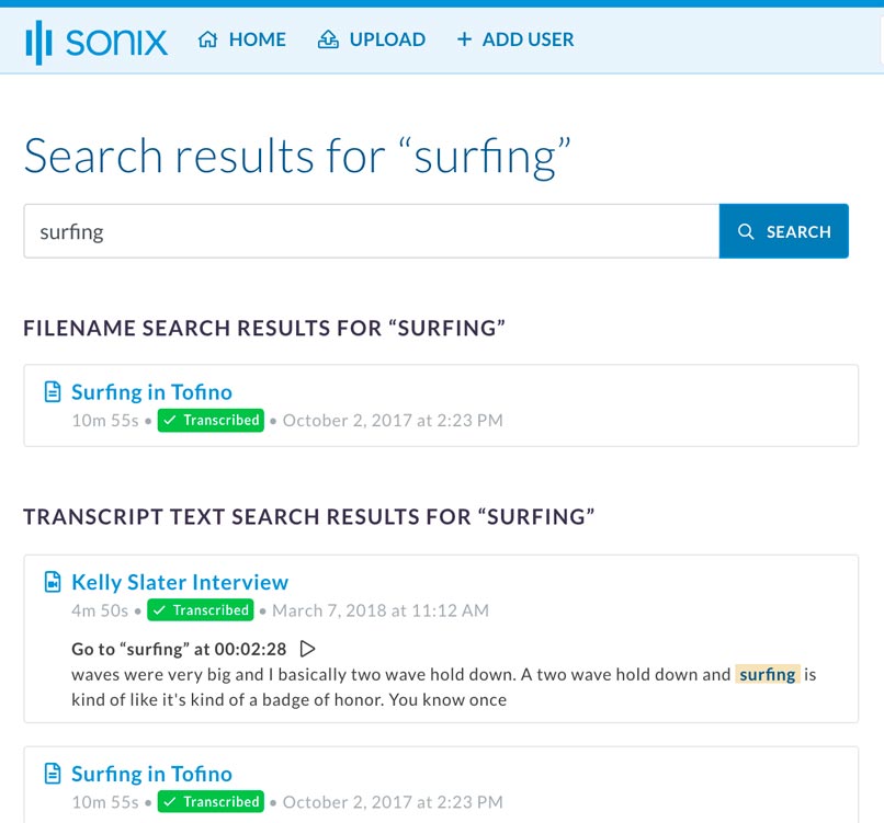Exemple de capture d'écran Sonix : Rechercher dans toutes les transcriptions le mot « Surfing » - Meilleure transcription automatisée