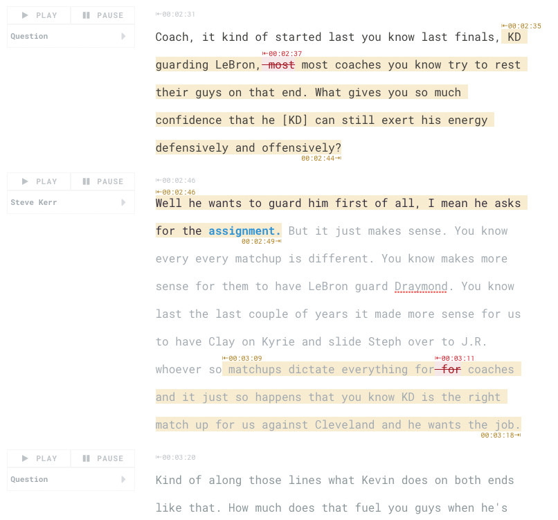 Transcrição automatizada Sonix. Exemplo: Steve Kerr, treinador principal do Golden State Warriors, transcrição da coletiva de imprensa após o jogo