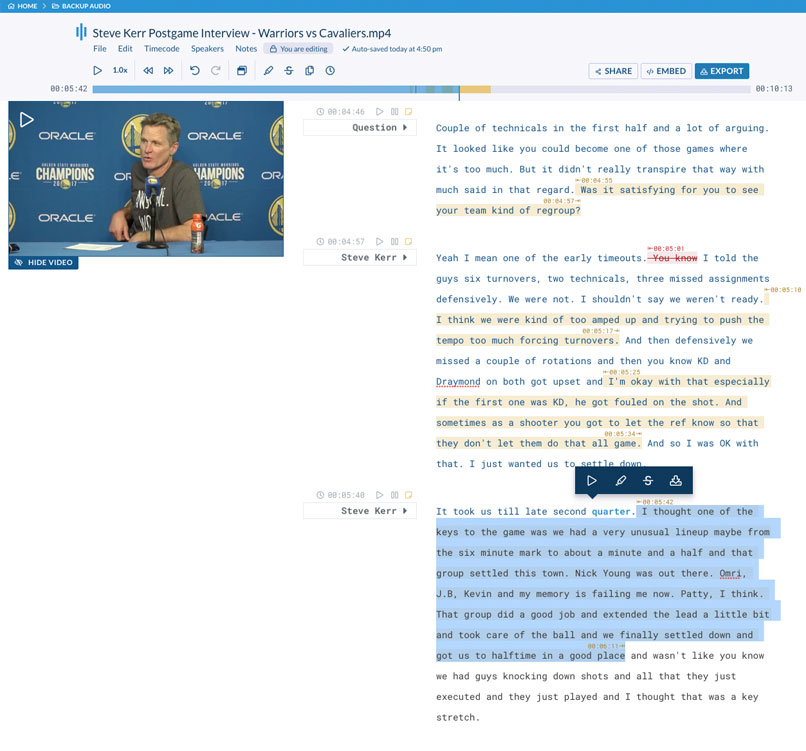 Transcripción automatizada de Sonix. Captura de pantalla de ejemplo: Soundbites de la conferencia de prensa posterior al juego de Steve Kerr