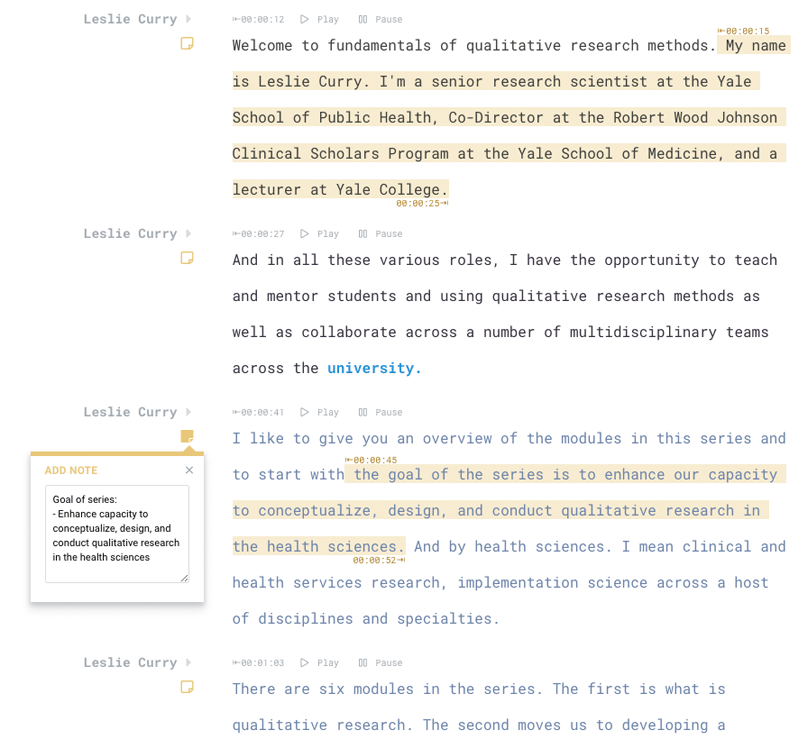 Transcription for universities: Leslie Curry's lecture on Qualitative Research at Yale automatically transcribed by Sonix