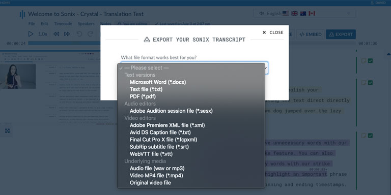 Exporte la transcripción %{v_language} a MS Word, PDF, Subtítulos o como archivo de texto.