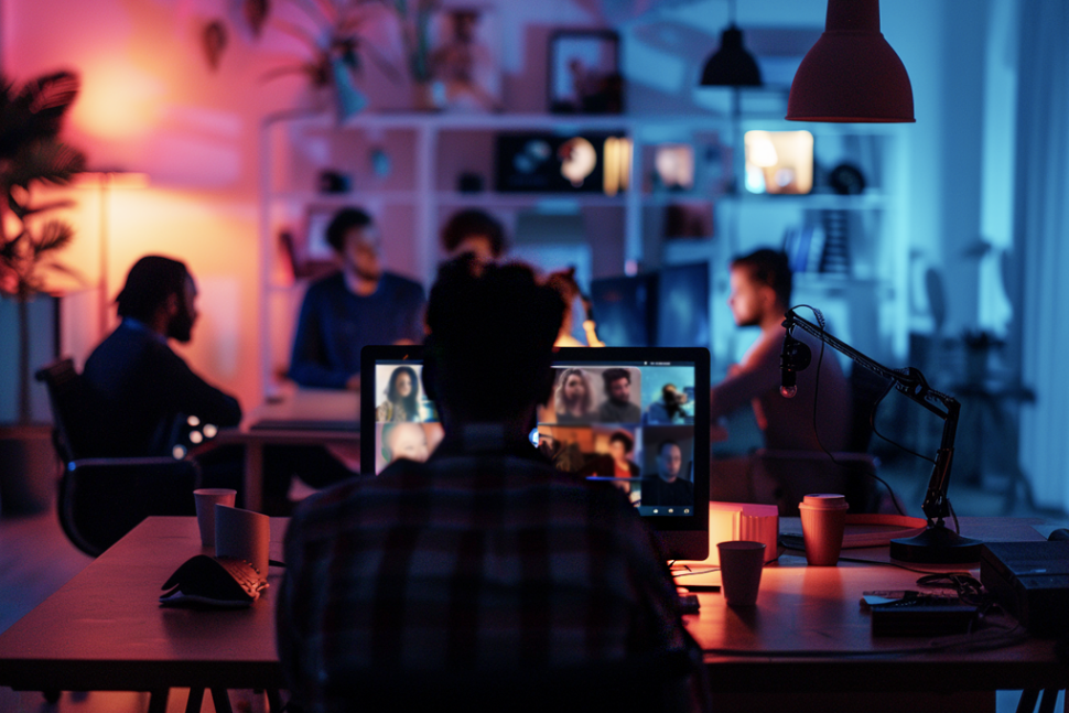 男子坐在网上开会