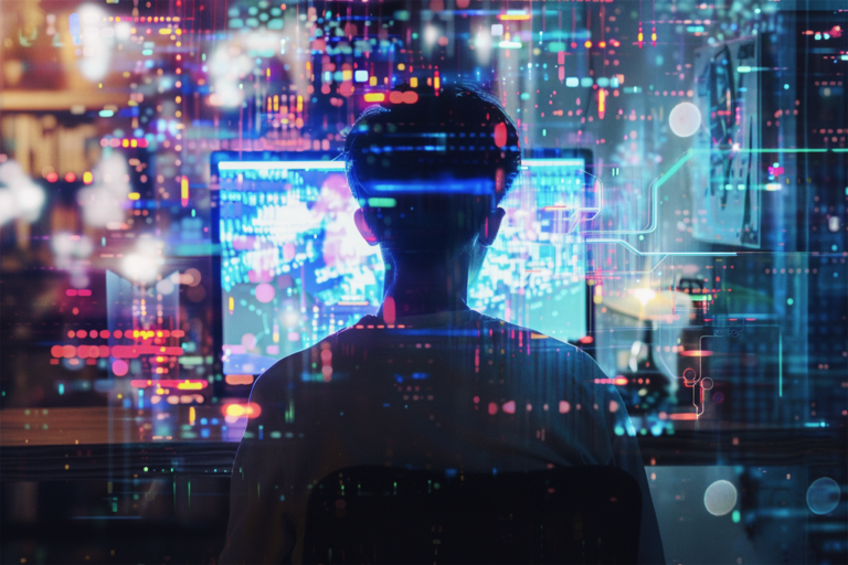 malke estudiante mirando una pantalla de ordenador futurista