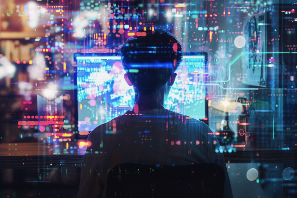 malke student looking at a futuristic computer screen