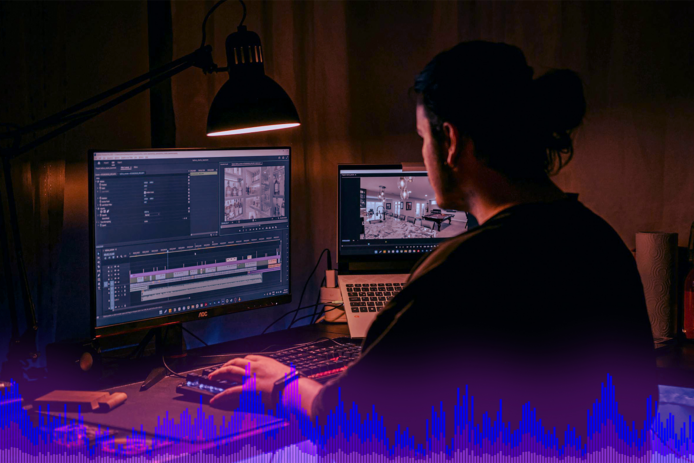 person looking at an audio file and video file on two separate laptops