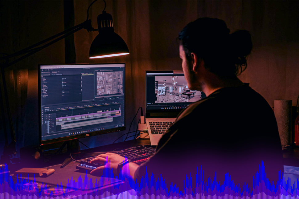 человек, просматривающий аудио- и видеофайл на двух разных ноутбуках