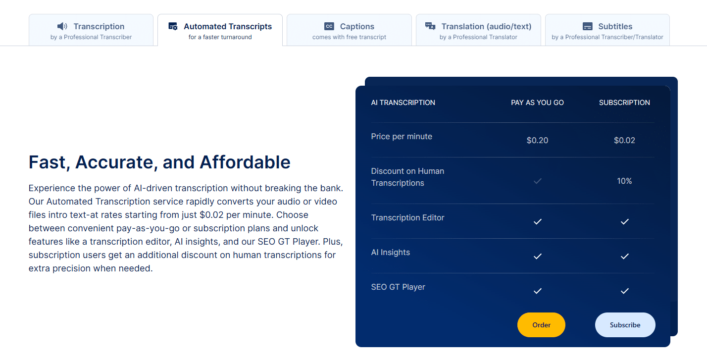 GoTranscript Pricing Page