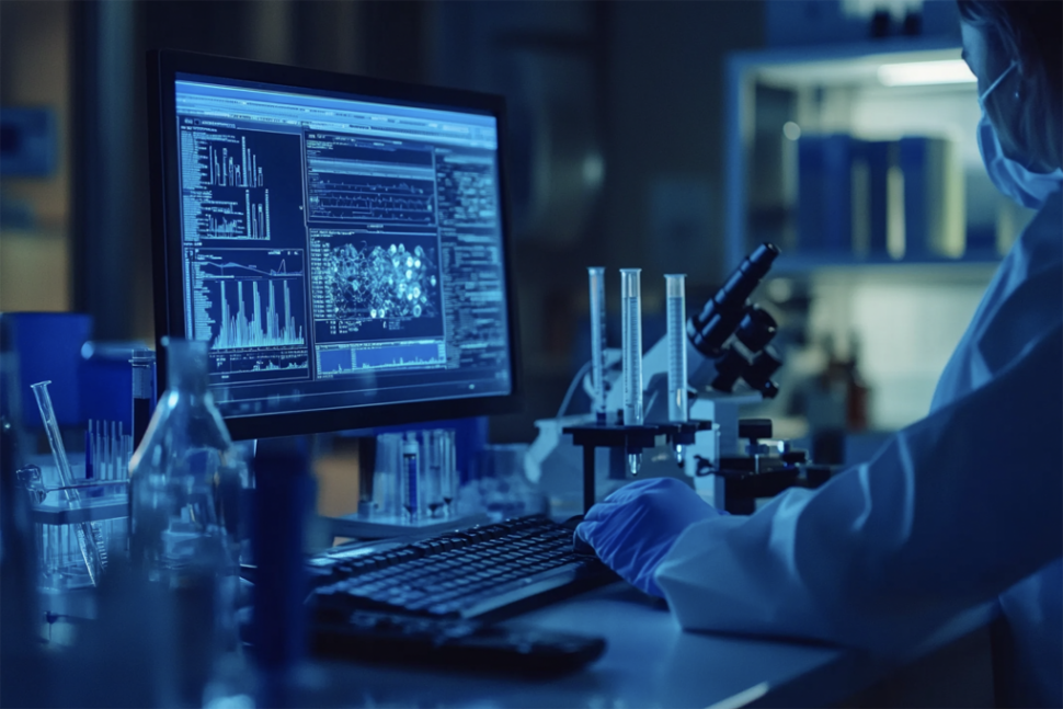 man looking at lab results on a computer screen