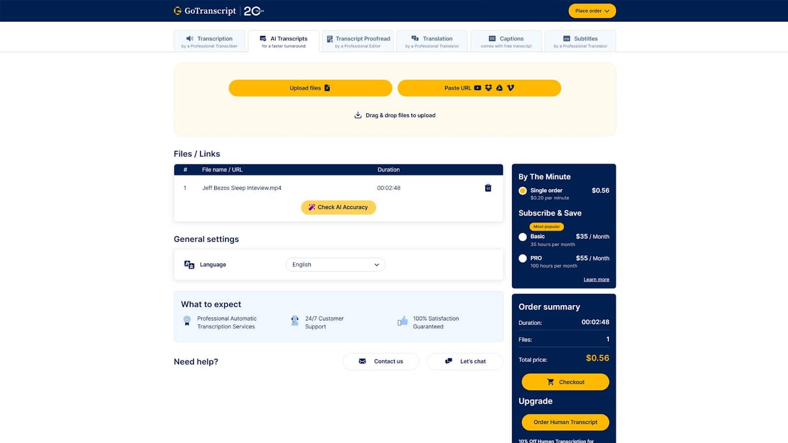 gotranscript upload page