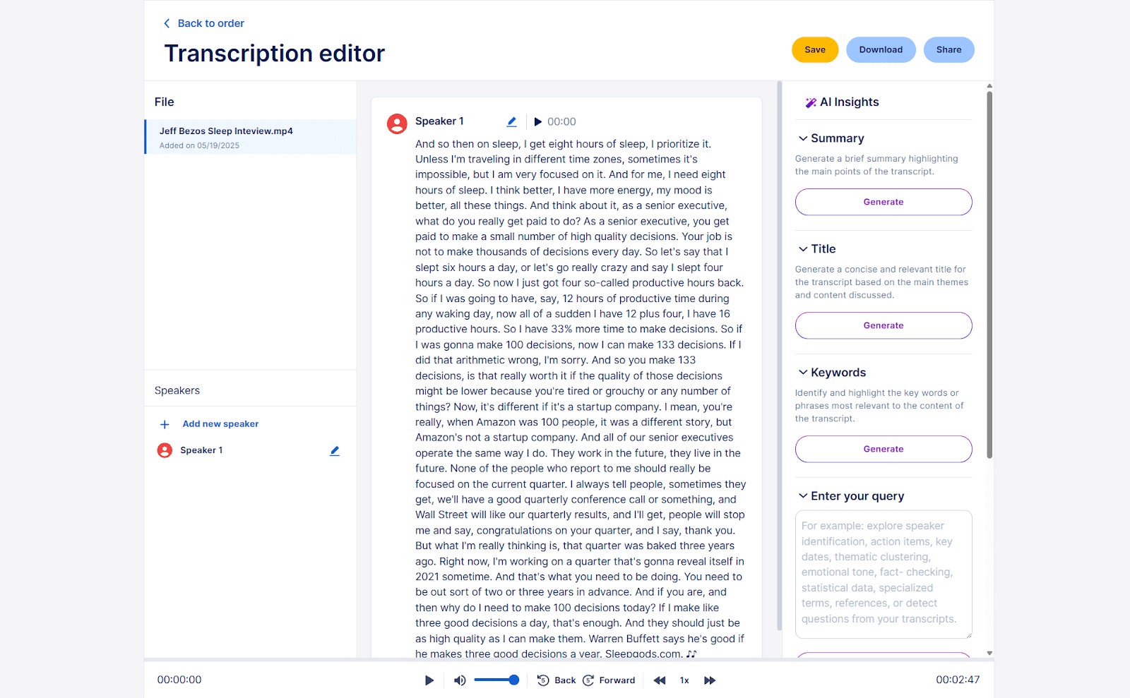 gotranscript transcription editor screenshot