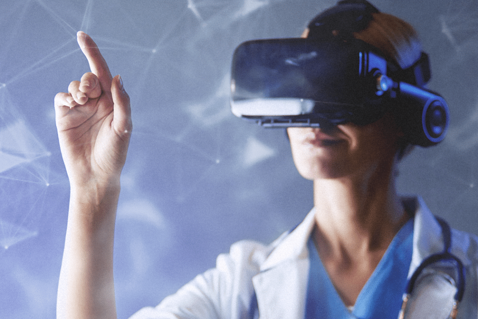 A doctor wearing VR goggles and a stethoscope interacts with a virtual interface