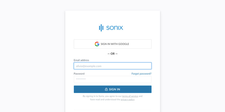 Faça login na sua conta Sonix