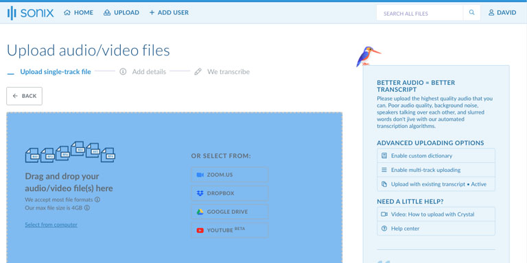 Carregue seu arquivo English VOB para o Sonix